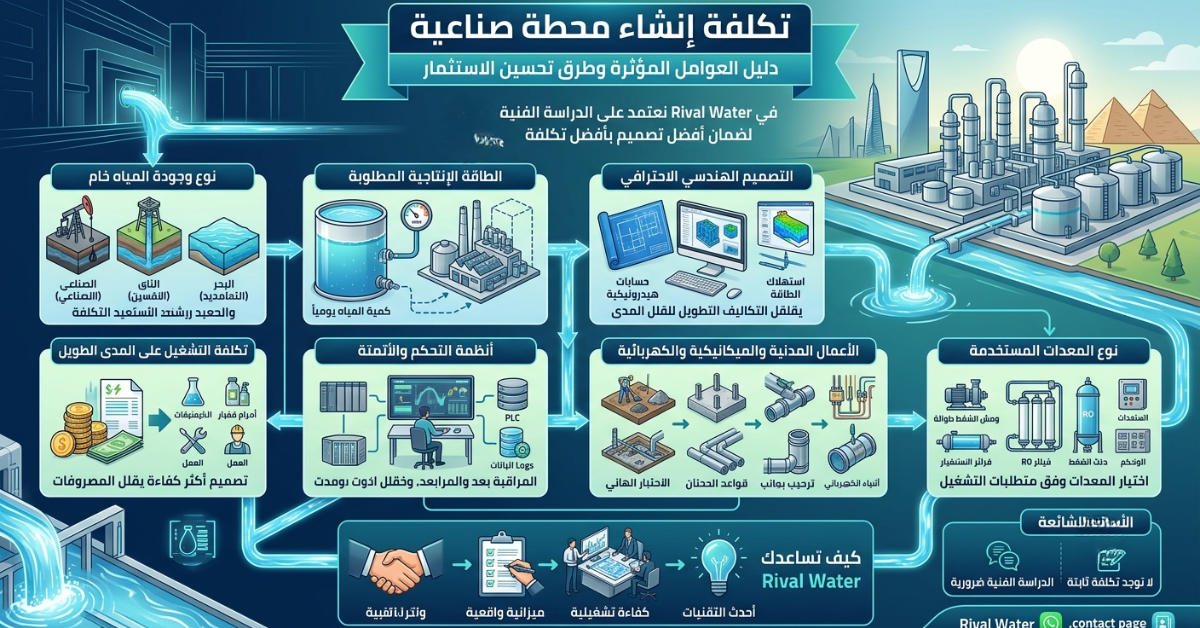 إنفوجرافيك يوضح دليل العوامل المؤثرة على تكلفة إنشاء محطة صناعية لتحلية المياه.