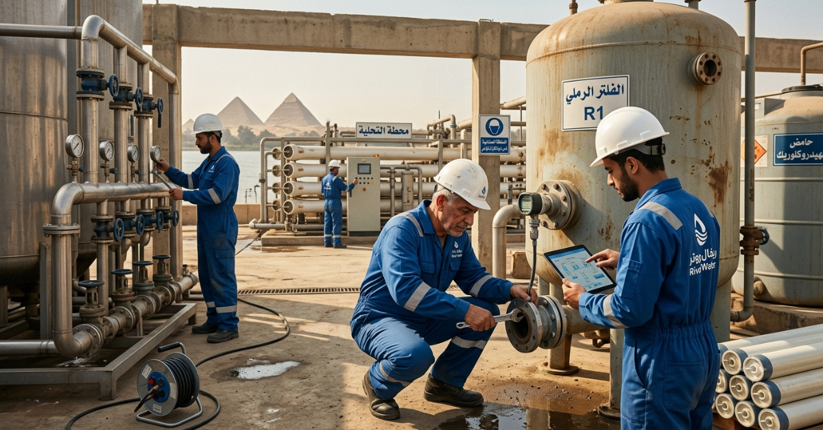 فنيون يرتدون ملابس زرقاء يعملون على فحص الأنابيب والفلاتر في موقع خارجي ضمن عقد تشغيل وصيانة محطات.