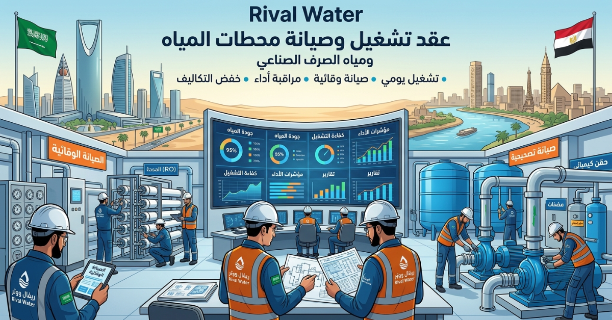 رسم توضيحي لمهندسين يتابعون شاشات تحكم ضمن خدمات عقد تشغيل وصيانة محطات المياه.