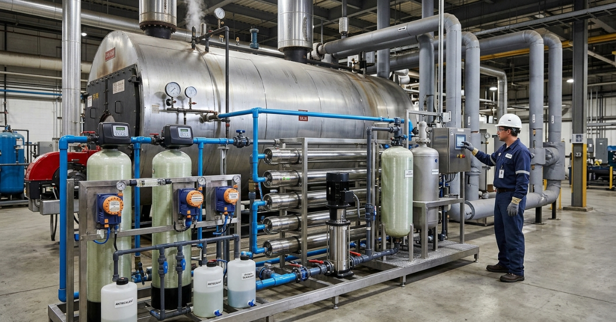 عامل يشرف على محطة معالجة مياه الغلايات الصناعية.