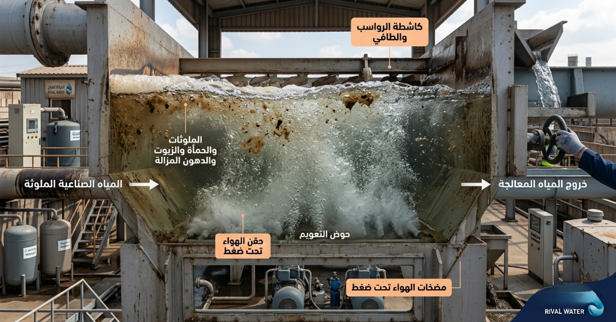لقطة مقربة لحوض الطفو تظهر حقن الهواء وفصل الدهون في نظام DAF الصرف الصناعي.