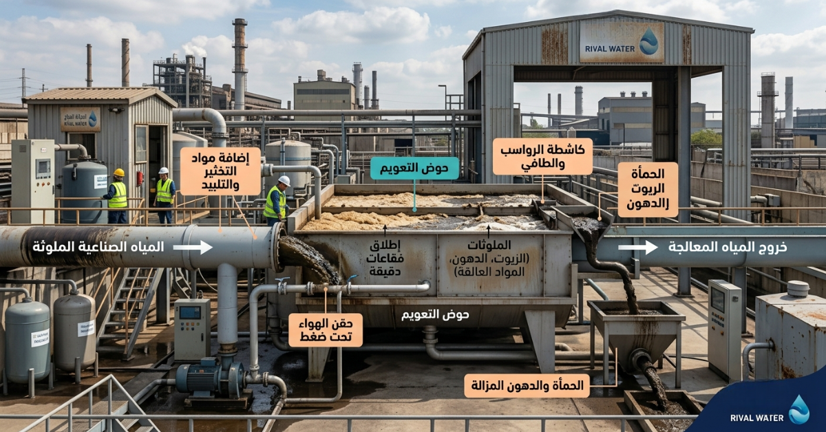 صورة واقعية لمحطة معالجة خارجية توضح الأجزاء الرئيسية لـ نظام DAF الصرف الصناعي.