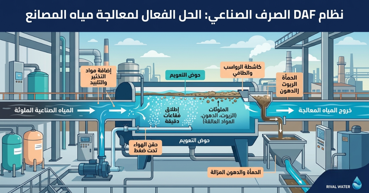 مخطط توضيحي مبسط يشرح مراحل معالجة المياه عبر نظام DAF الصرف الصناعي.