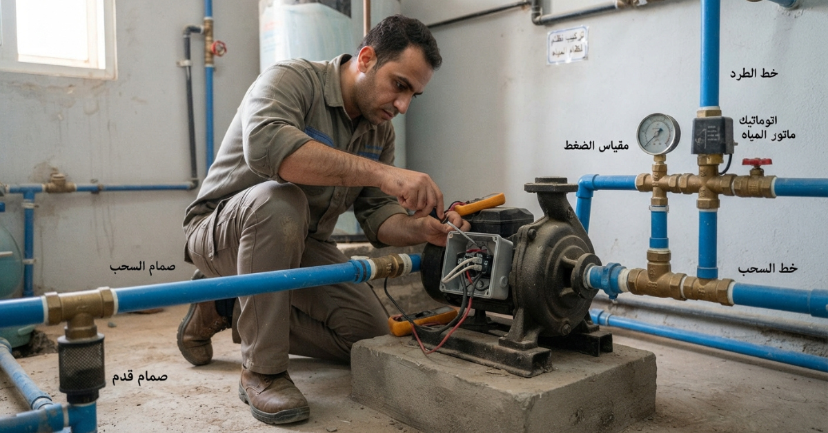 سباك عربي يقوم بتركيب موتور مياه ويضبط توصيلات الكهرباء